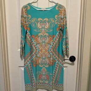 Haani - Medium - turquoise patterned midi-dress with 3/4 sleeves